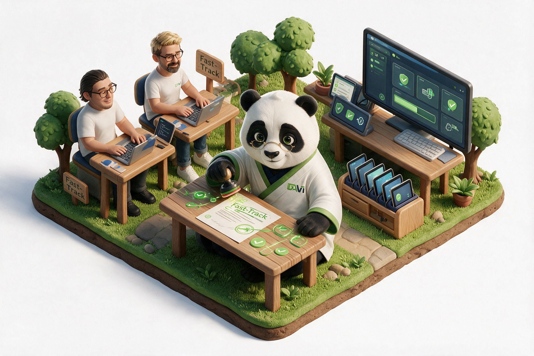 3D-Szene Fast-Track: Der Panda stempelt ein geprüftes Dokument, daneben arbeiten Jan und Phil am Laptop
