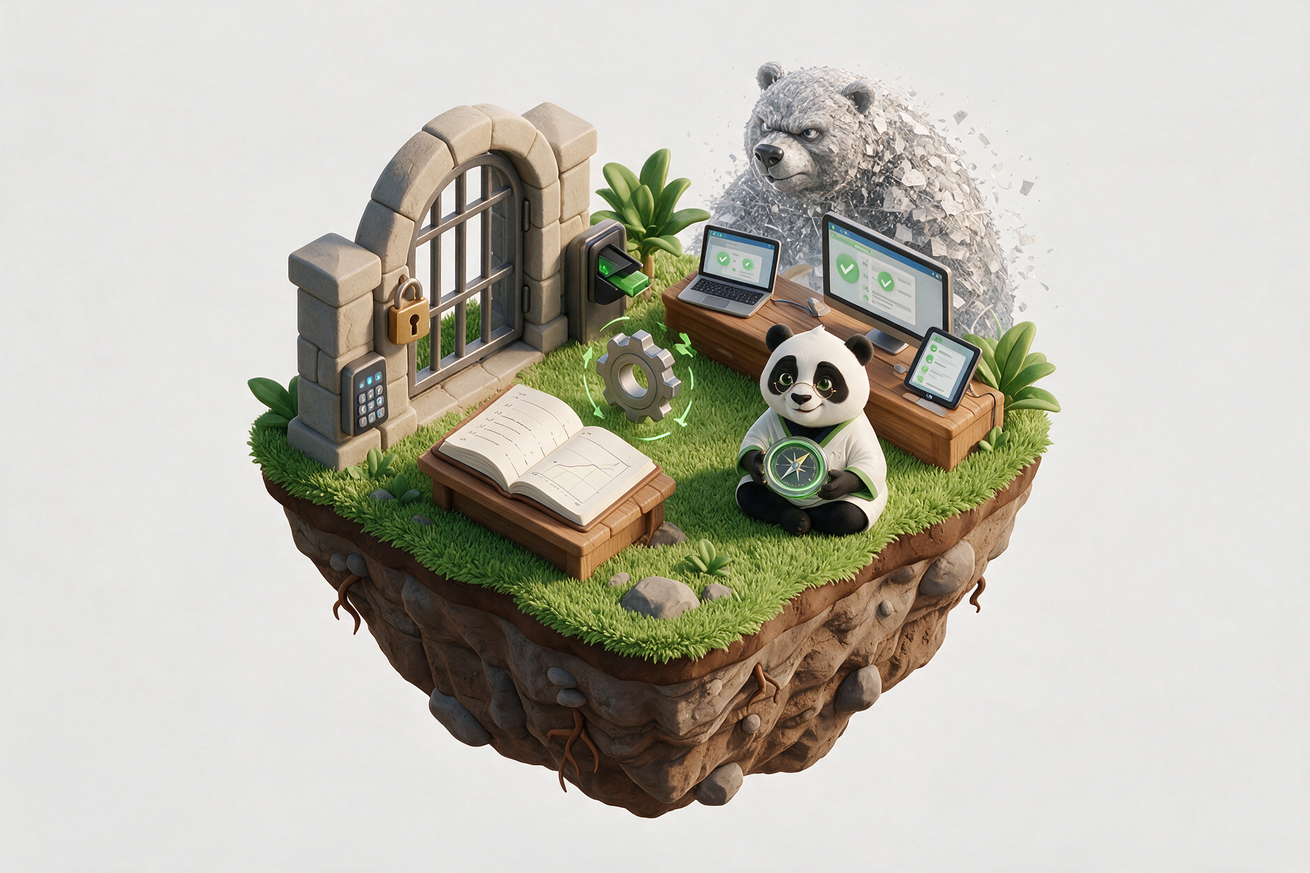 3D-Insel mit verschlossenem Tor, Prüfbildschirmen und Panda mit Kompass – der Problembär im Hintergrund löst sich auf