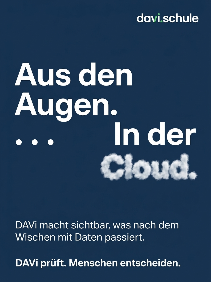 Plakat: Aus den Augen … in der Cloud. DAVi macht sichtbar, was nach dem Wischen mit Daten passiert.